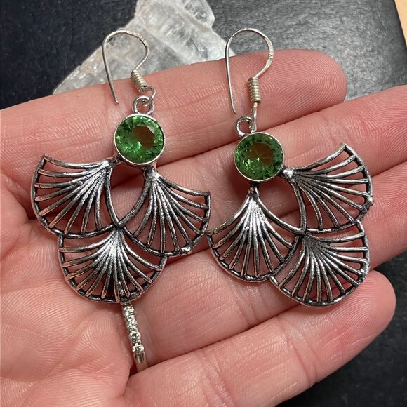 Peridot Ginkgo Leaf Earrings Crystal Stone Jewelry - Picture 1 of 5